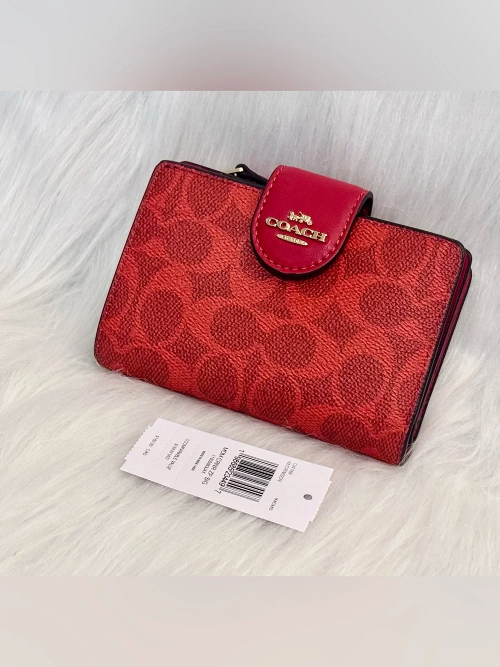 NWT Coach Medium Corner Zip Wallet In Signature Canvas GOLD/CRIMSON CW786